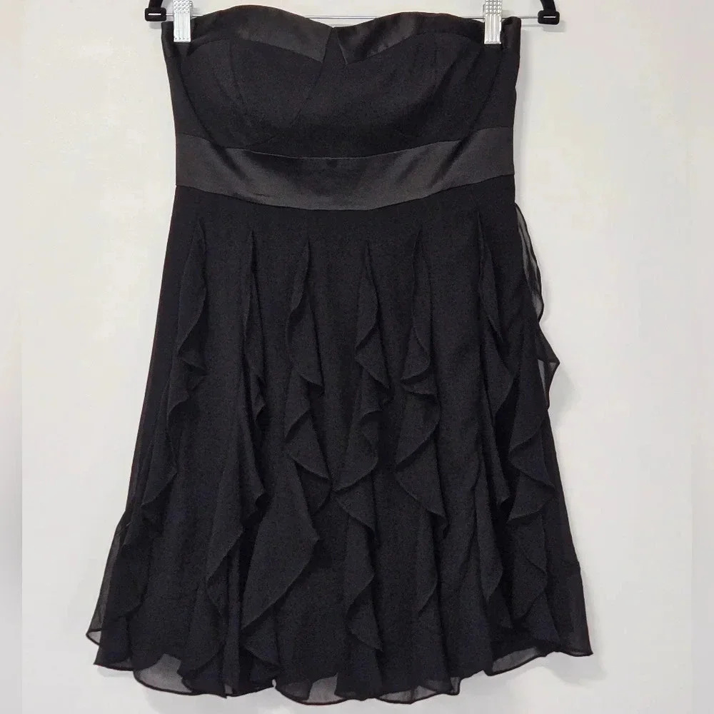 BCBGMAXAZRIA Black Strapless Ruffle Chiffon‎ Party Cocktail Dress Size 8